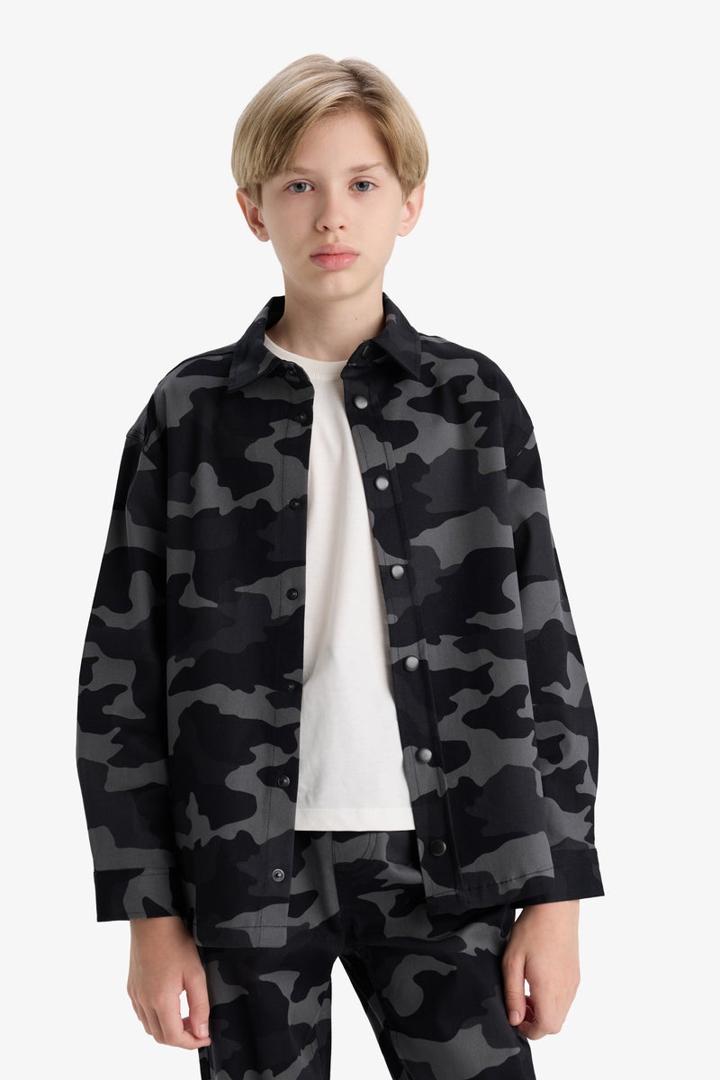 DeFacto Grey Boy Boy Oversize Camouflage Pattern Gabardine Shirt Casual - Image 4